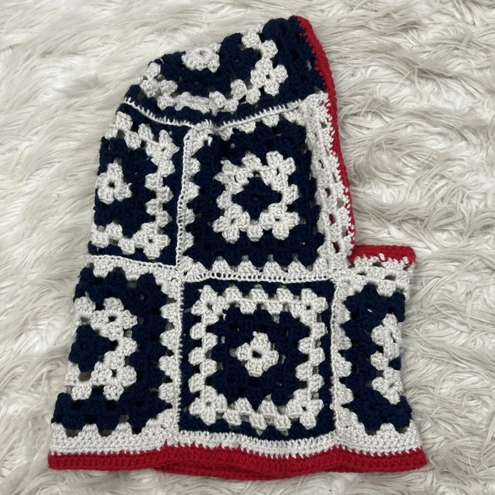 Crochet Balaclava Hood Handmade Granny Square Red White Blue USA Winter One Size